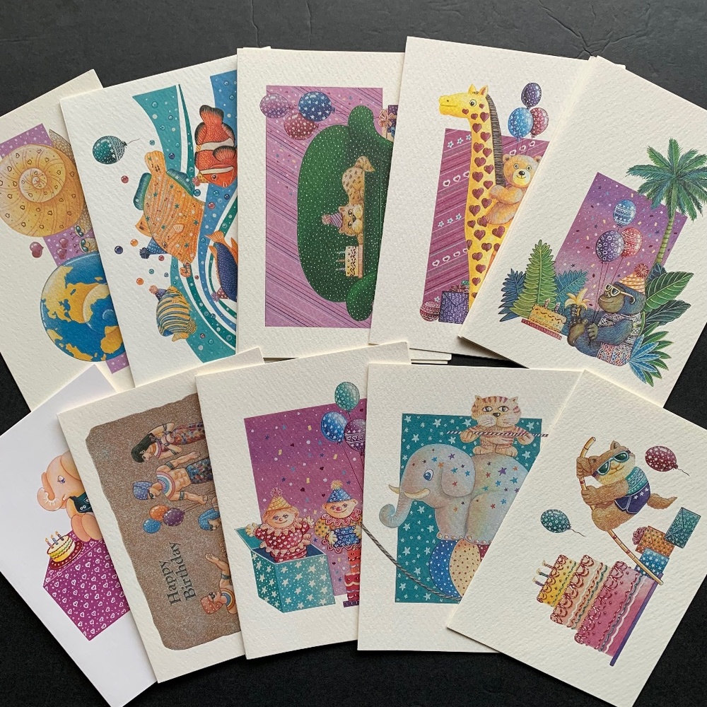 Cute Animal Birthday Card Set 🦍🦒🐘🐱🖌📝💙